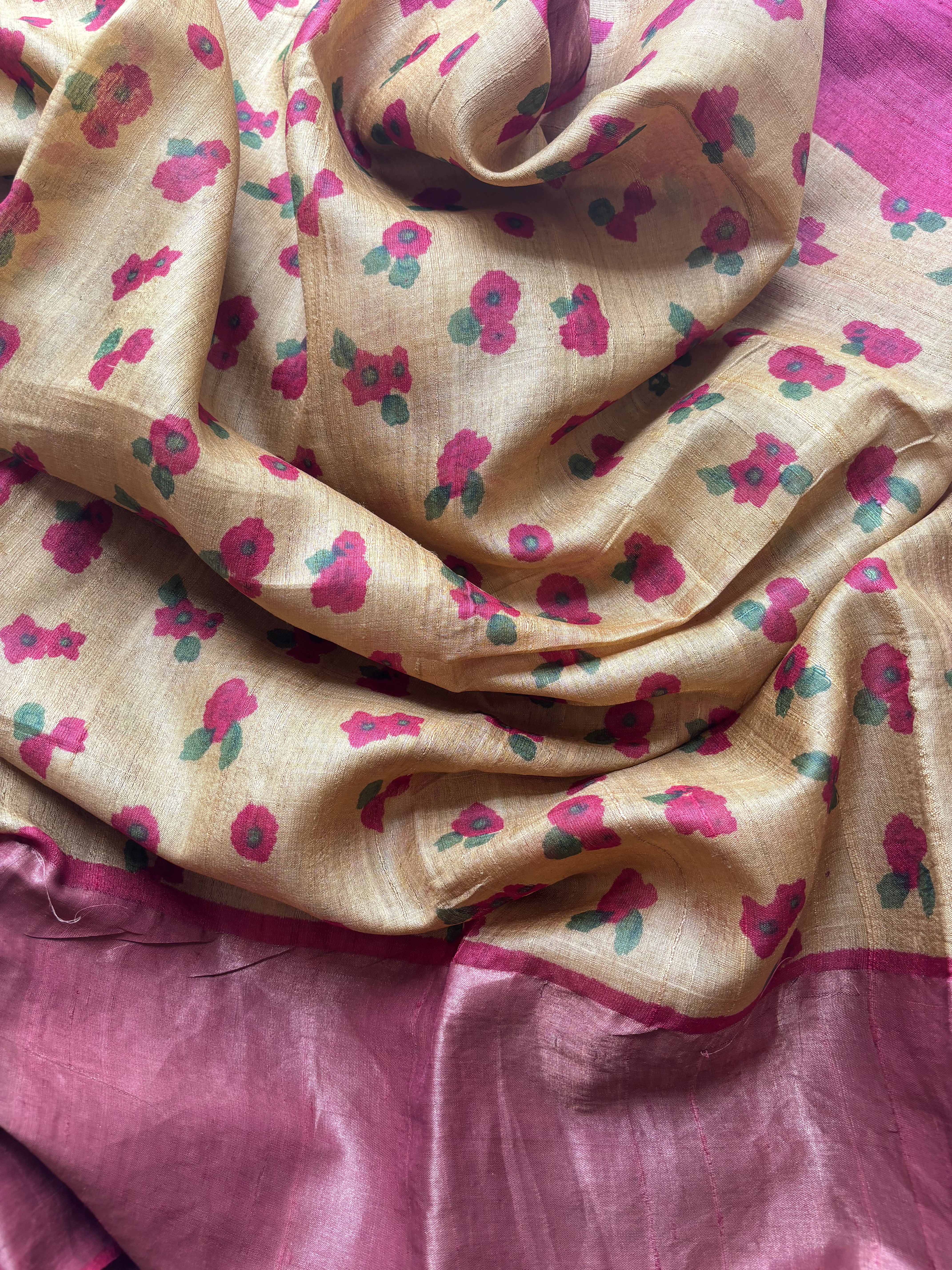 Beige with Maroon border Tussar Saree